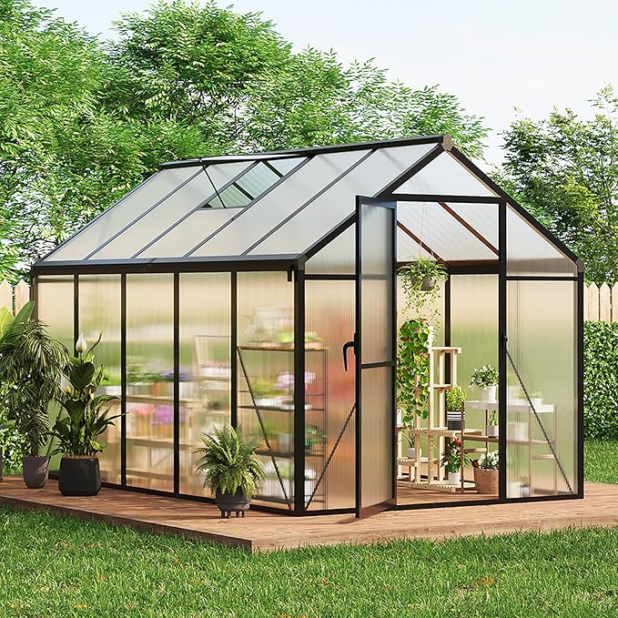 6x10 ft Greenhouse for Outdoors, Large Walk-in Polycarbonate Greenhouse Kit, Aluminum Frame, Lockable Door, Roof Vent, Ground Spikes, for Garden, Patio, Backyard, Outdoor Plant Growth, Black