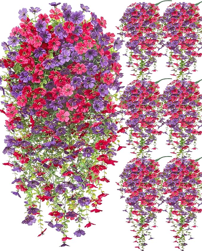 Serwalin 6PCS Artificial Fall Flowers for Outdoors Decoration, Realistic Silk Artificial Fall Hanging Flowers for Patio, Garden, Porch, Window, Outside (Purple& Hot Pink,6PCS)