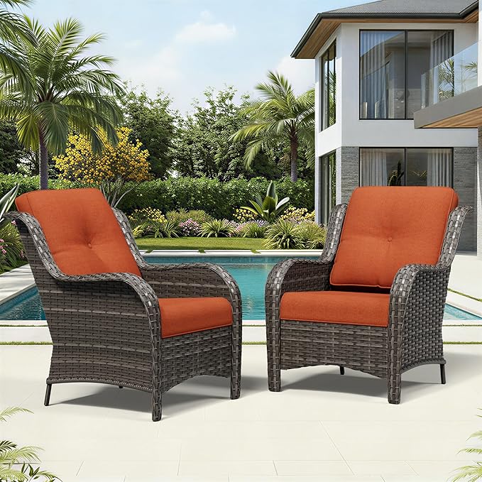 Joyside Patio Chairs Set of 2, Wicker Patio Furniture with High Back, Deep Seating, Wide Armrest, Thickened Cushions, Outdoor Rattan Furniture for Deck, Porch Use