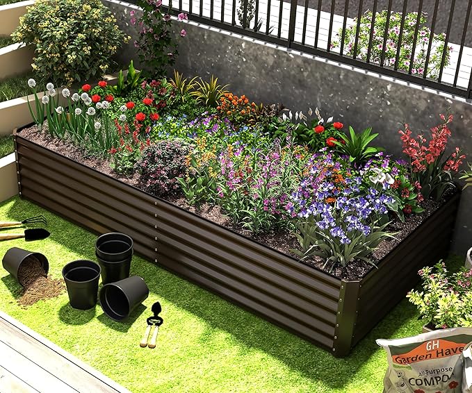 Domi 6×3×1.5 ft Galvanized Raised Garden Bed, Outdoor Planter Garden Boxes Large Metal Planter Box for Gardening Vegetables Fruits Flowers, Brown