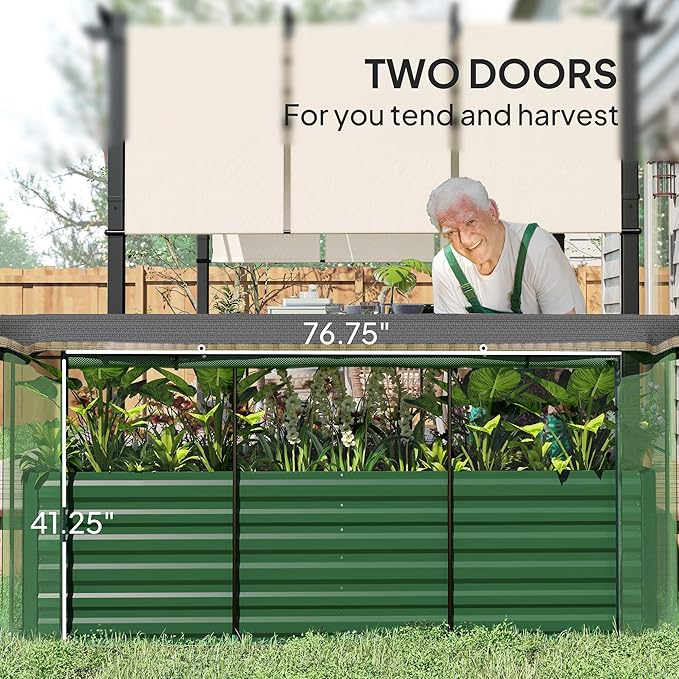 Outsunny 7.3 x 3.4 x 2 ft Galvanized Raised Garden Bed with Crop Cage Plant Protection Net and Shade Cloth Roof, Metal Planter Box with Cover for Vegetables, Flowers, Herbs, Green
