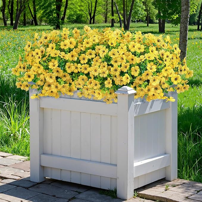 Besteek 20 Bundles Artificial Flowers for Outdoors Decoration Fake Silk Flowers UV Resistant Faux Plants Artificial Daisy Eucalyptus for Spring Summer Garden Yard Porch Window Home Decor, Yellow
