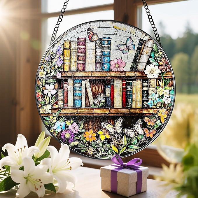 LAOWEIKI 8'' Stained Glass Suncatcher Ornament, Stained Glass Window Hanging, Sun Catchers for Windows Hanging Ornaments, Window Decor | Book Club Gift, Fantasy Book Lover Gift, Reader Gifts