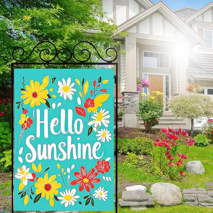 Hello Sunshine Summer Garden Flags 12x18 Double Sided Flag Spring Summer Outdoor Decor with Radiant Sun and Sunflower Design Perfect Floral Seasonal Yard Outdoor Flag