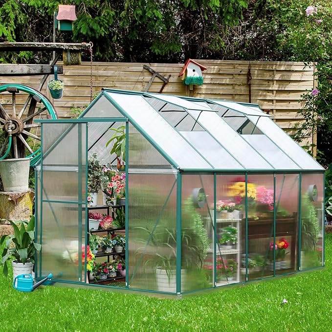 10x6 FT Polycarbonate Greenhouse for Outdoor, Heavy Duty Aluminum Frame Green House Kit with Double Vent Window Lockable Door, Transparent Panels, Walk in Plant Green Houses for Garden Patio