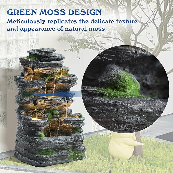 7-Tiers Garden Waterfall Fountain Outdoor - Water Fountains and Waterfalls, Outdoor/Indoor Floor Standing Resin Water Fountain with LED Light for Patio, Garden and Backyard, Deck, Porch, Home