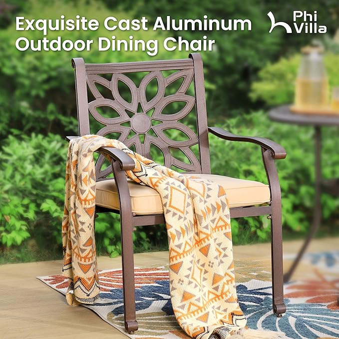 PHI VILLA Cast Aluminum Outdoor Patio Dining Chairs, Extra Wide Armrest Stable Chairs with Seat Cushion, Casting Aluminum Back for All Weather, Set of 4