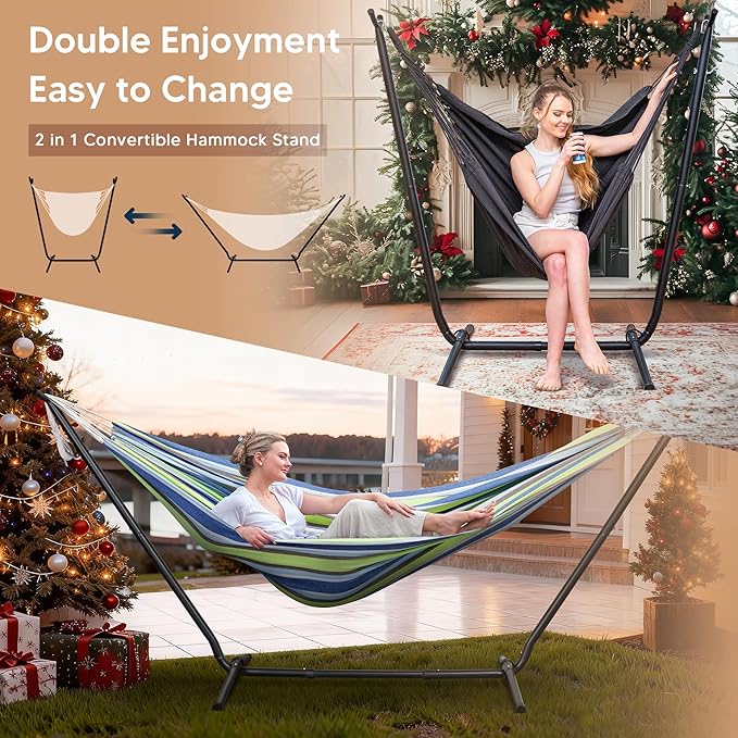 SUNCREAT 2-in-1 Convertible Backyard Fabric Hammock with Stand, Large Hammocks for Outside, Patented, Light Green Stripes
