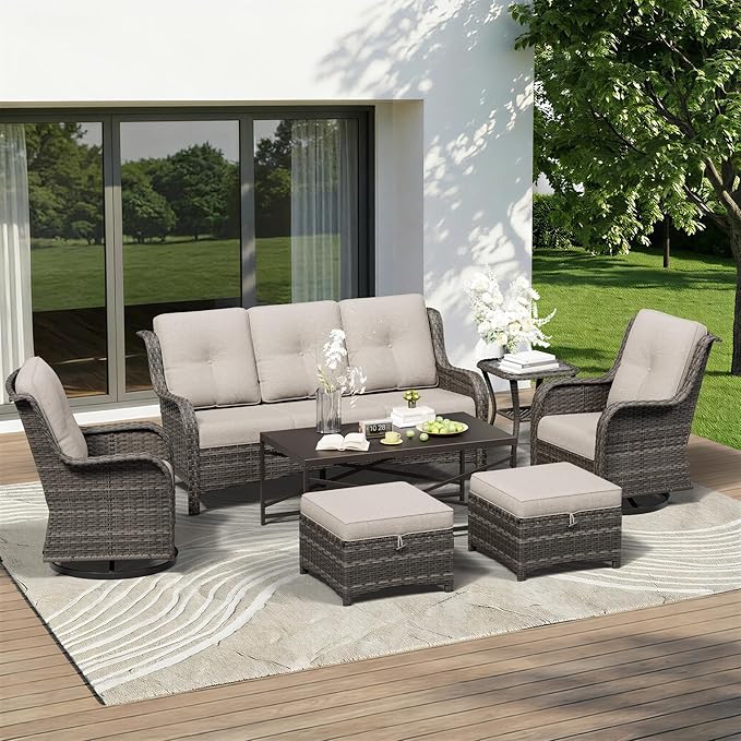 7 Piece Outdoor Wicker Patio Furniture Set, Outdoor Swivel Rocker Patio Chairs Set with Thickened Olefin Cushions, High Back and Deep Seating, Hand-Woven PE Rattan for Porch, Deck