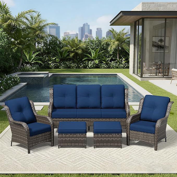 Joyside 5 Piece Wicker Patio Furniture Set, Rattan Patio Chairs with High Back, Deep Seating, Wide Armrest, Thickened Cushions, Outdoor Furniture for Deck, Porch Use