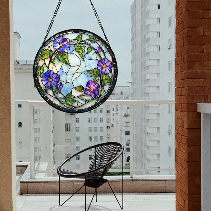 DASTOLL Stained Glass Window Hanging, Purple Morning Glory Flowers Suncatcher for Doors Window Home Plant Sun Catchers Decoration Mother's Day Birthday Gifts for Women, Men, and Mom 15x15 in