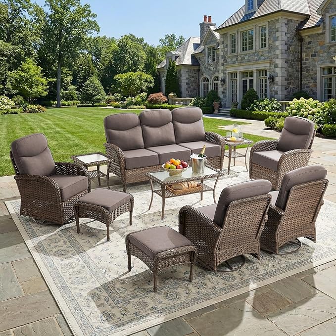 Luxury Patio Furniture Set with 6-inch Thick Cushions, Outdoor Furniture Set with High Back Swivel Chairs, 10 PCS Wicker Outdoor Conversation Set for Porch, Patio, Yard, Deck, Poolside, Brown/Grey