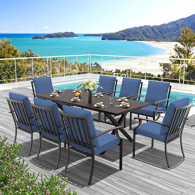 9-Piece Patio Dining Set Outdoor Conversation Set,Metal Outdoor Furniture Set with Umbrella Hole Cut-Out 78.7" x 35.4" Table and 8 Metal Backrest Chairs for Backyard,Garden,NavyBlue