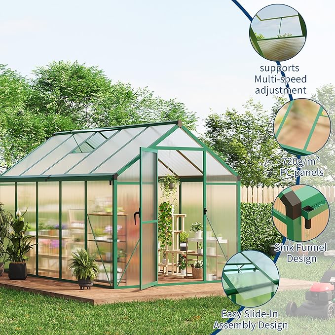 6x10 FT Greenhouse, Greenhouses for Outside, Polycarbonate Greenhouse with Aluminum Frame, Lockable Door and Ajustable Roof Vent for Backyard, Green Houses for Outside Garden Backyard, Patio
