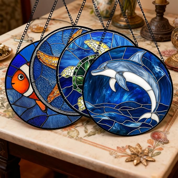 Stained Glass Window Hanging 4 Pcs Set Blue Ocean Turtle Dolphin Large 11.8" - Marine Life Suncatcher Garden Sun Catcher Decor Birthday Mother's Day for Mom Woman Nana Men