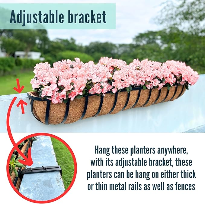 LaLaGreen Deck Railing Planters (48 Inch, 2 Pack) Extra Large Rectangular Railings Flower Box with Coco Liner, Black Metal Bracket Balcony Hanging Planter for Outdoor Plants Over Rail Fence Porch