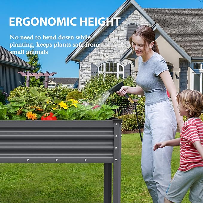 MUPATER Galvanized Steel Raised Garden Bed with Legs, 48" L x 24" W x 32" H Large Metal Elevated Raised Planter Box with Detachable Black Liner for Backyard, Garden, Balcony, Gray