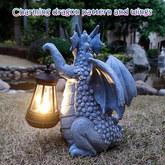 Qobumy Solar Dragon Garden Statue Decoration with Solar Lantern,Dragon Figurine Lights Outdoor Décor for Yard，Lawn ,Patio, Balcony, Unique Housewarming Ornament
