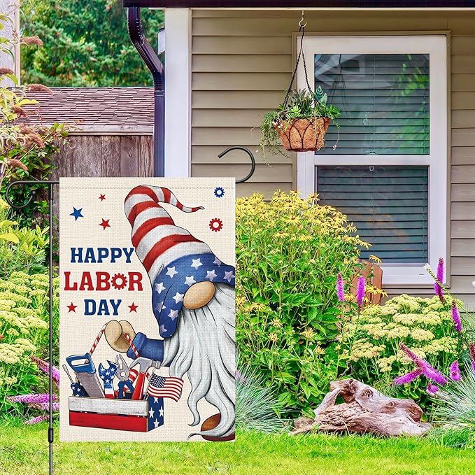 Heyfibro Happy Labor Day Gnome Garden Flag 12 x 18 Double Sided Burlap Working Tools Patriotic USA Flags for Outdoor Outside Farmhouse Decoration (ONLY FLAG)