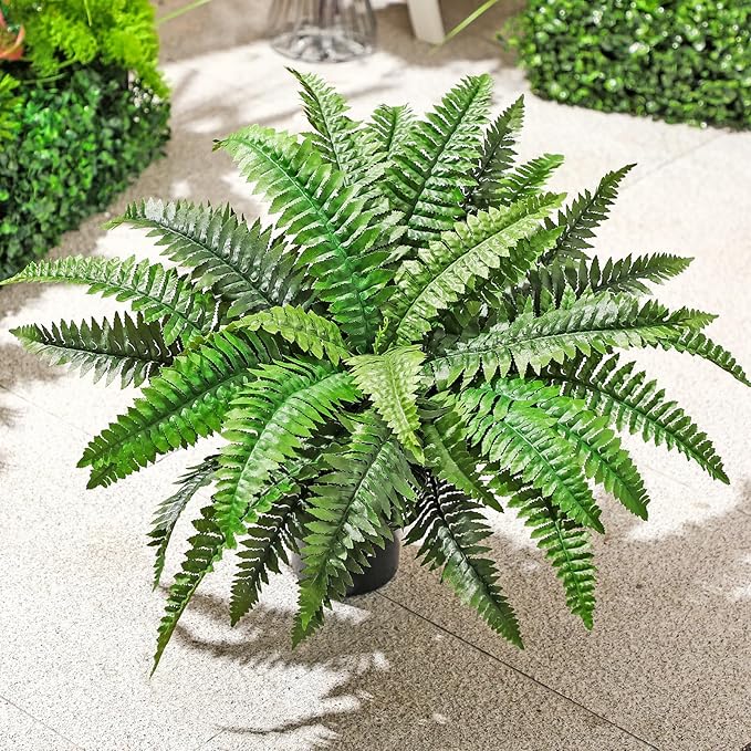 FineCheer Fake Ferns Potted Plant Faux Boston Bush in Pot Artificial Greenery Fern Plant for Spring Summer Patio Garden Farmhouse Windowsill Entrance Porch Office Living Room Decor(34 Leaves)