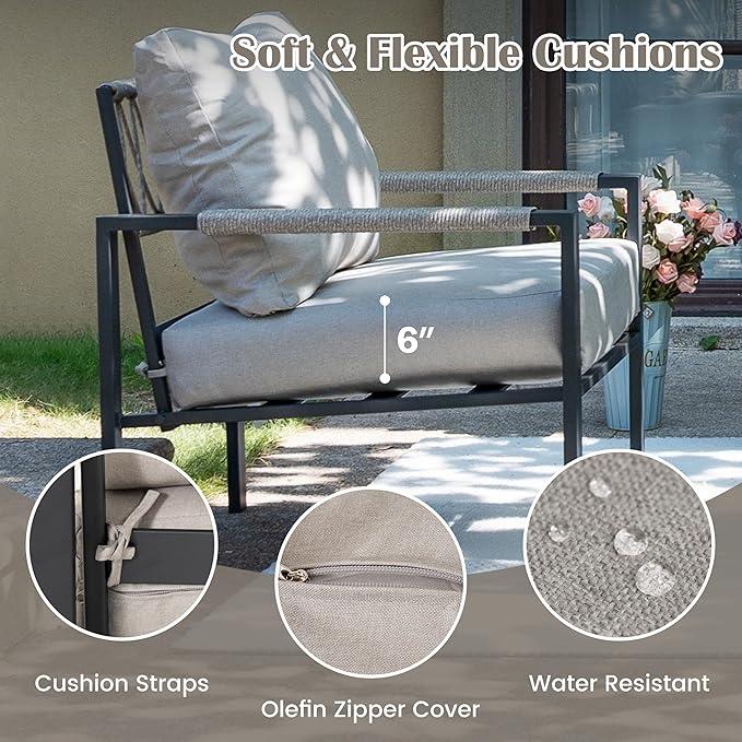 3 Pieces Rattan Outdoor Furniture Set, All-Weather Patio Conversation Set with Warm Grey Cushions and Coffee Table for Garden, Backyard, Balcony, Poolside