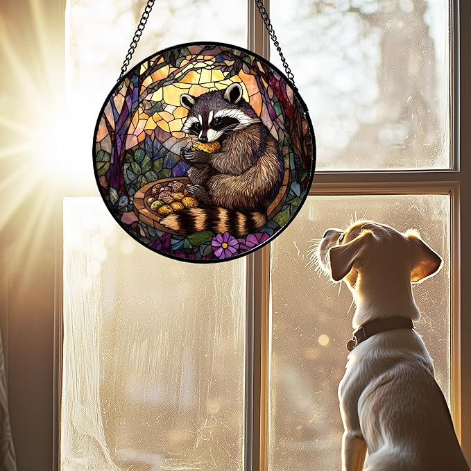 Stained Glass Window Hanging Brown Raccoon Forest Scenery 9.8" - Suncatcher Door Garden Sunroom Sun Catcher Home Decor Birthday Christmas for Mom Men Woman Nana