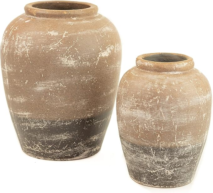 MY SWANKY HOME Ceramic Two Tone Rustic Urn Set 2 Earth Tones Container Flower Vase Planter