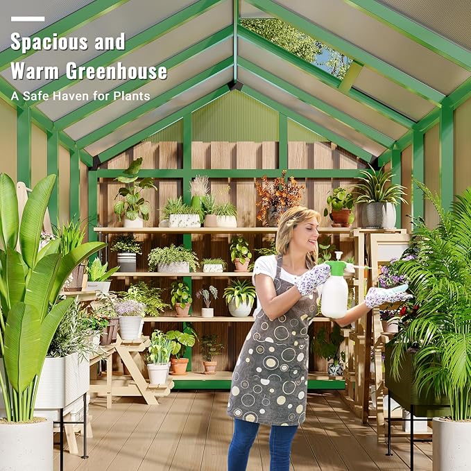 6X10FT Outdoor Greenhouse, Aluminum Polycarbonate House, Green Houses for Outside with Sliding Doors, Ajustable Roof Vent, Withstands Bad Weather for Garden, or Backyard, Green