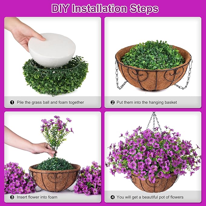 Artificial Flowers Hanging Basket for Outdoor Indoor Spring Summer Decoration,Fake Silk Colorful Daisy Eucalyptus in 12" Metal Coconut Lining Flowerpot Arrangement for Patio Yard Decor(Purple)