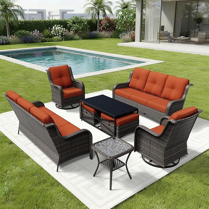 Joyside 8 Piece Wicker Patio Furniture Set, Outdoor Swivel Rocker Patio Chairs with High Back, Deep Seating, Wide Armrest, Thickened Cushions, Outdoor Furniture for Deck, Porch Use
