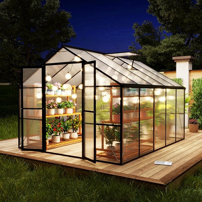 8 x 10 FT Outdoor Greenhouse, Heavy-Duty Polycarbonate Greenhouse with Aluminum Frame, Lockable Door, Adjustable Roof Vent, Walk-in Green House for Backyard, Garden, Patio