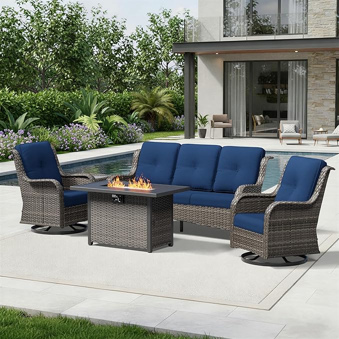 Joyside 5 Piece Wicker Patio Furniture Set with Fire Pit Table, Outdoor Swivel Rocker Patio Chairs with High Back, Deep Seating, Wide Armrest, Thickened Cushions, Outdoor Furniture for Deck, Porch Use