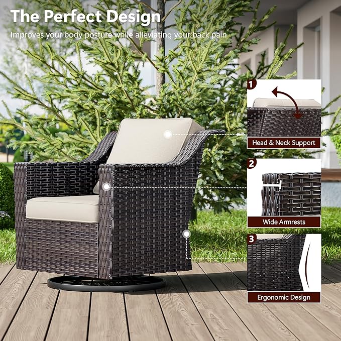 Outdoor Swivel Chairs Set of 2, Luxury Wicker Patio Chair with Wide Armrest, Thickened Cushions, Outdoor Rattan Furniture for Deck, Porch Use