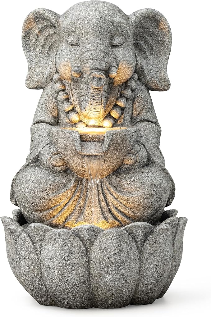 Glitzhome 2-Tiered Zen-Style Concrete Elephant Polyresin Outdoor Fountain with Pump and LED Light, 21.75" H
