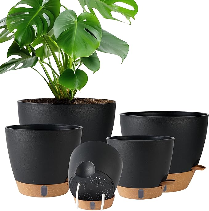Fielda Self Watering Pots for Inoor Ourdoor Plants 10/9/8/7/6.5 Inch Plastic Planters with Drainage Holes & Water Level Indicator, Decorative House Flower Nursery Planting Pots with Saucers (Black)
