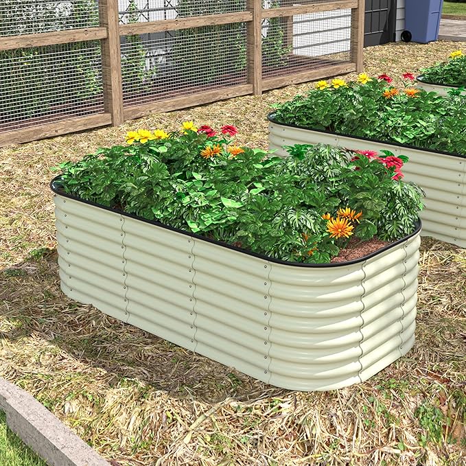 BlueWish 6x3x2FT Metal Raised Garden Bed with 2 Aluminum Support Rods, 24’’H Raised Garden Bed with Rubber Edges & Bottomless Design, 9-in-1 Modular Planter Box for Vegetable, Flower, Fruit, Beige
