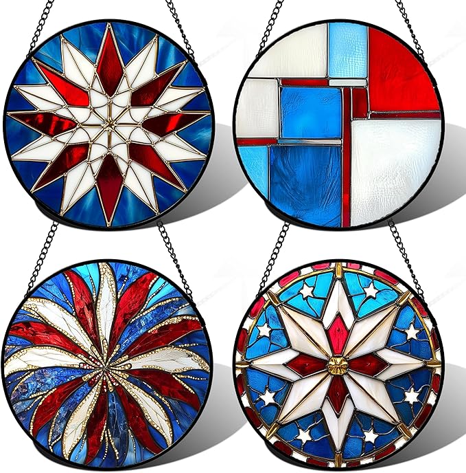 AMDERVEN Stained Glass Window Hanging 4 Pcs Set Abstract Flowers in Red White Blue 7.8" - Suncatcher Door Garden Sun Catcher Decor Birthday Mother's Day Xmas Gift for Mom Woman Nana Men Parents