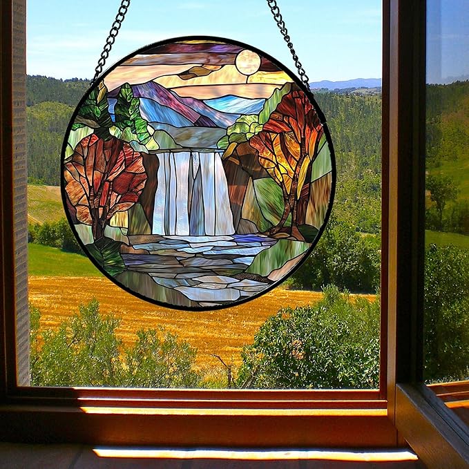 Stained Glass Window Hanging, Abstract Landscape Waterfall Mountains Trees Suncatcher for Doors Window Home Sun Catchers Decor Mother's Day Birthday Gifts for Women Men Mom 15 in