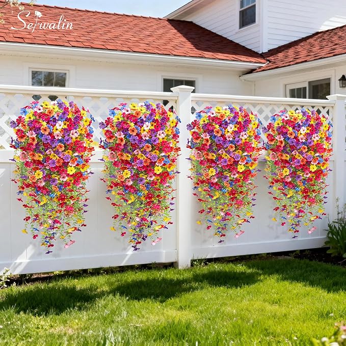 Serwalin 6PCS Artificial Fall Flowers for Outdoors Decoration, Realistic Silk Artificial Fall Hanging Flowers for Patio, Garden, Porch, Window, Outside (Multicolor,6PCS)