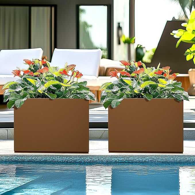 Rectangle Planter for Indoor & Outdoor, Tall and Long Planter Boxes with Drainage Holes, Mental Divider Planter Box All-Weather Use for Plants, Flowers, 35" L x 9" W x 26" H, Brown