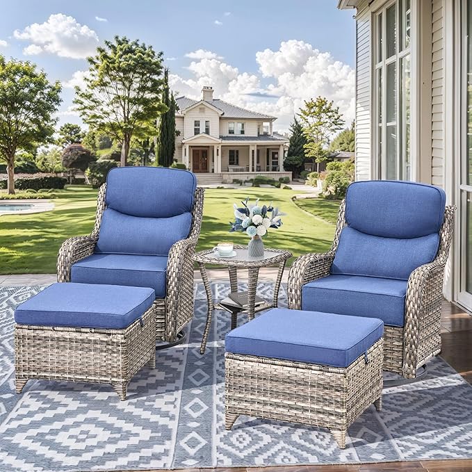 HUMMUH Outdoor Patio Wicker Swivel Rocker Chairs with 6-Inch Thick Cushion High Back 3 PCS Wicker Conversation Set for Porch Balcony Deck