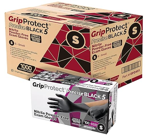 GripProtect Precise Black 5 Nitrile Exam Gloves | 5 Mil Thickness | Chemo-Rated | Medical, Law Enforcement, Tattoo, Dental, Janitorial, Food & Agriculture (S, 1,000)
