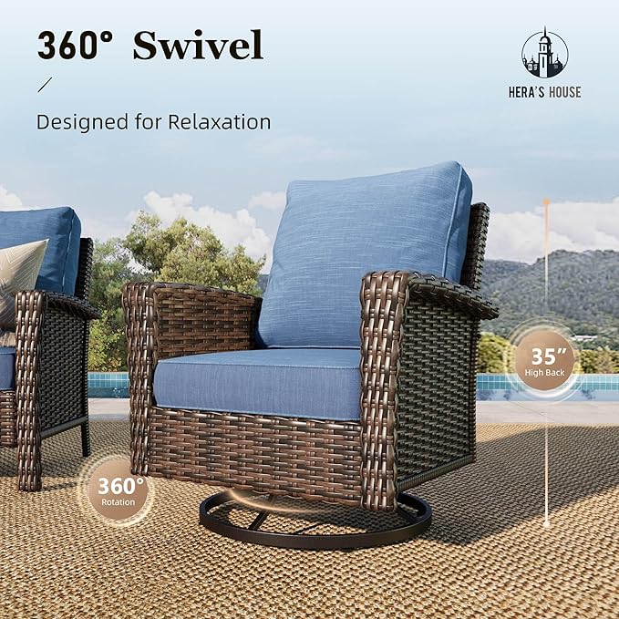 HERA'S HOUSE 3-Piece Outdoor Patio Furniture, High Back Swivel Chairs Set of 2 with Rattan Table, Brown Wicker Conversation Bistro Set with 5.5” Thick Cushion for Deck Porch Balcony Garden Lawn, Blue