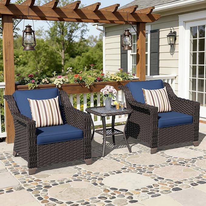 3 Pieces Patio Conversation Furniture Set - 2 Armchairs, 1 Side Table, Outdoor Wicker Furniture with Removable Cushions for Porch, Balcony, Deck, Sunroom (Blue)