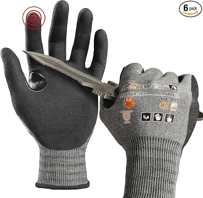 Schwer 6 Pairs ANSI A4 Cut Resistant Work Gloves with Extreme Lightweight & Thin, Sandy Nitrile Touchscreen Safety Working Gloves with Grip, 3D-Comfort Fit, Flexible and Breathable, XL, AR5918