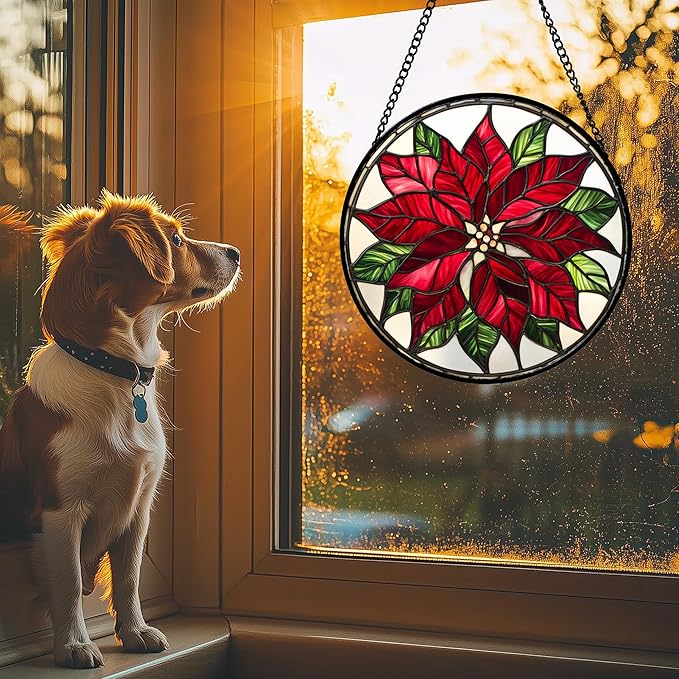 Stained Glass Window Hanging - Red Poinsettia Birth Flower Suncatcher for Door Garden Yard Sun Catchers Decor Christmas Mother's Day Birthday Gifts for Women Mom Nana Friend Men 15 in