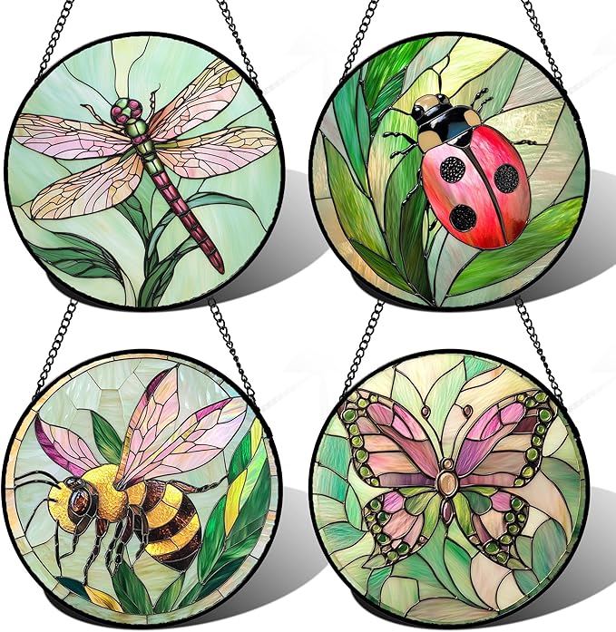 DASTOLL Stained Glass Window Hanging 4 Pcs Set Pink Green Insect Theme Large 11.8" - Butterfly Suncatcher Door Garden Sun Catcher Decor Birthday Christmas for Mom Woman Nana Men