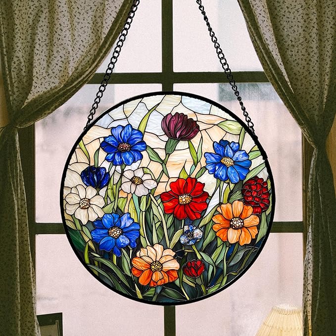Stained Glass Suncatcher, Colorful Flowers Green Leaf Sun Catcher Landscape Stain Glass Window Hanging Decoration Mother's Day Birthday Gifts for Women Men Mom Nana 9.8 in