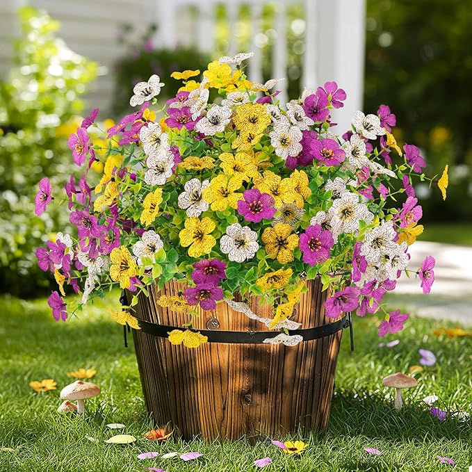 ATTGREAT Artificial Spring Flowers Outdoors UV Resistant Plastic Flowers Outdoors Faux Flowers Fake Plants Outside for Garden Porch Planters Silk Flowers Decor, 6 Bundles (Mix White Yellow Purple)
