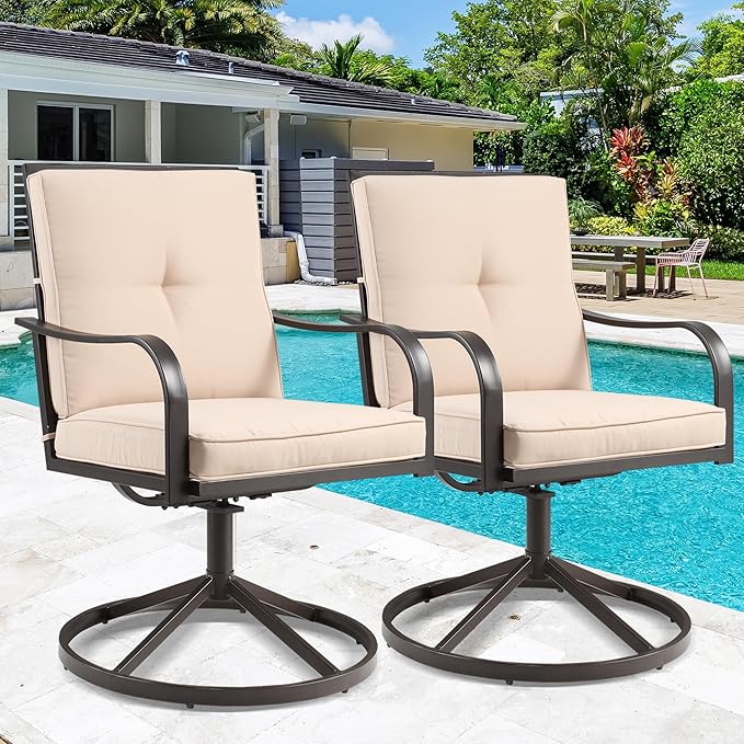 Patio Swivel Chairs Set of 2, Outdoor Swivel Dining Chairs with Thickened Cushions, All Weather Metal Patio Chair for Garden Lawn Porch, Beige